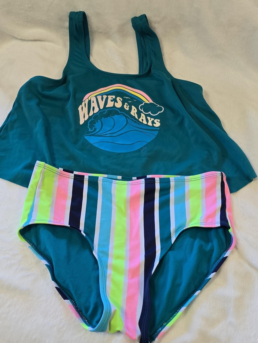 Justice Teal Tankini with Neon Stripe Bottoms - Kids Swim